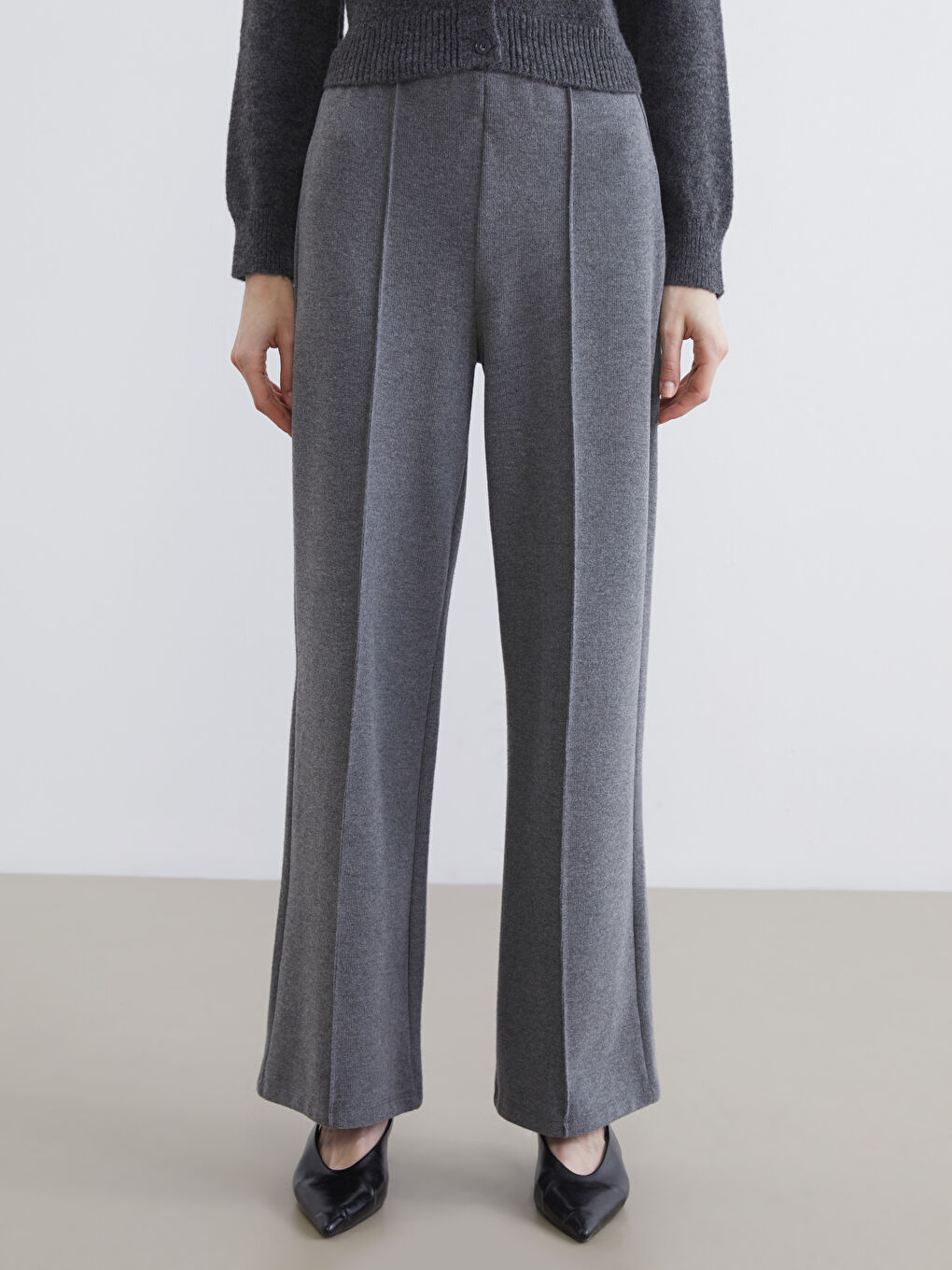 Antrasit Beli Lastikli Geniş Paça Kadın Pantolon-1