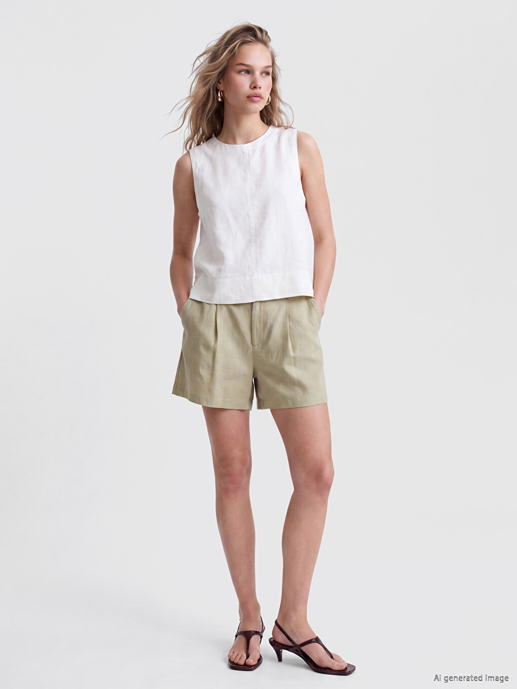 Linen Blend Pleated Women's Shorts