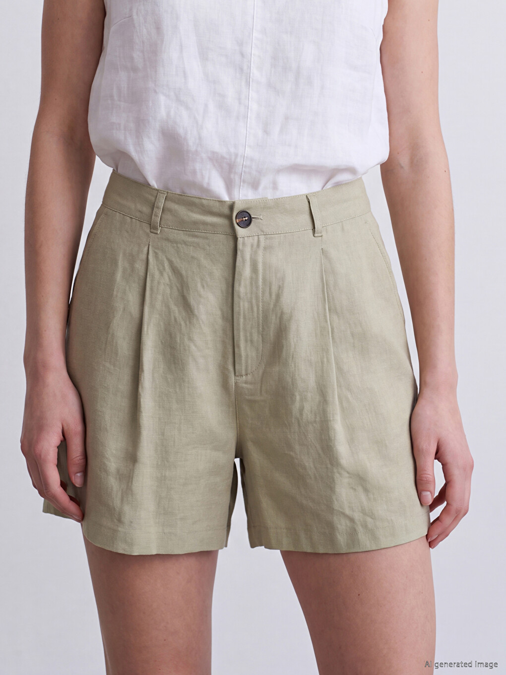 Linen Blend Pleated Women's Shorts-2