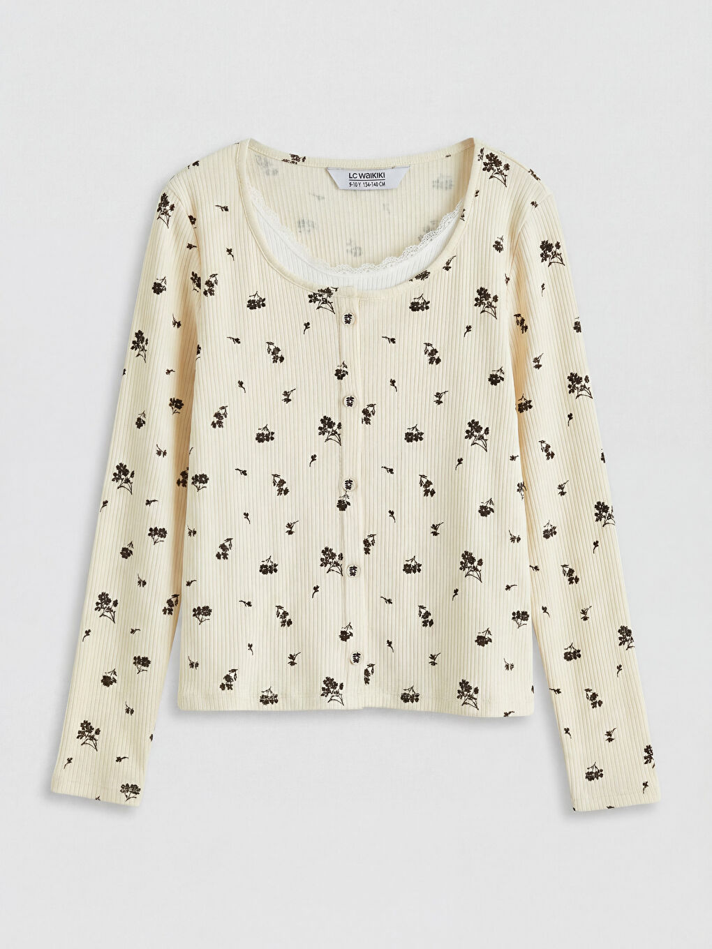 Ekru Bisiklet Yaka Çiçekli Kız Çocuk Fitilli Tişört-1