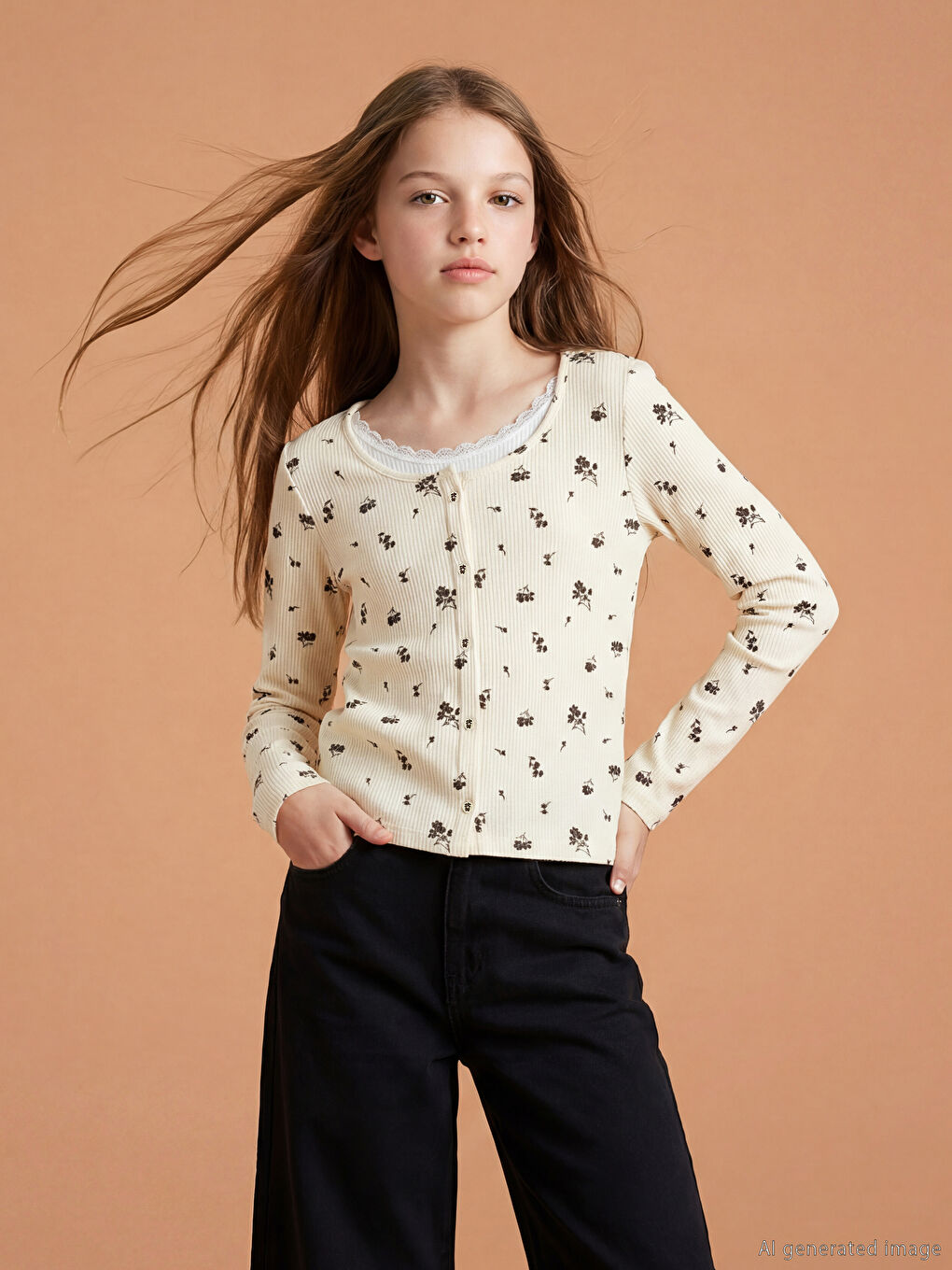 Ekru Bisiklet Yaka Çiçekli Kız Çocuk Fitilli Tişört