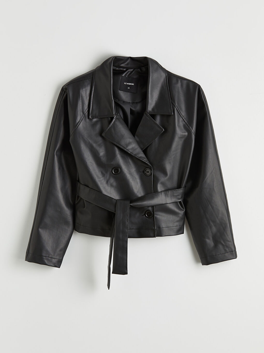 Siyah Gömlek Yaka Kadın Deri Görünümlü Ceket	