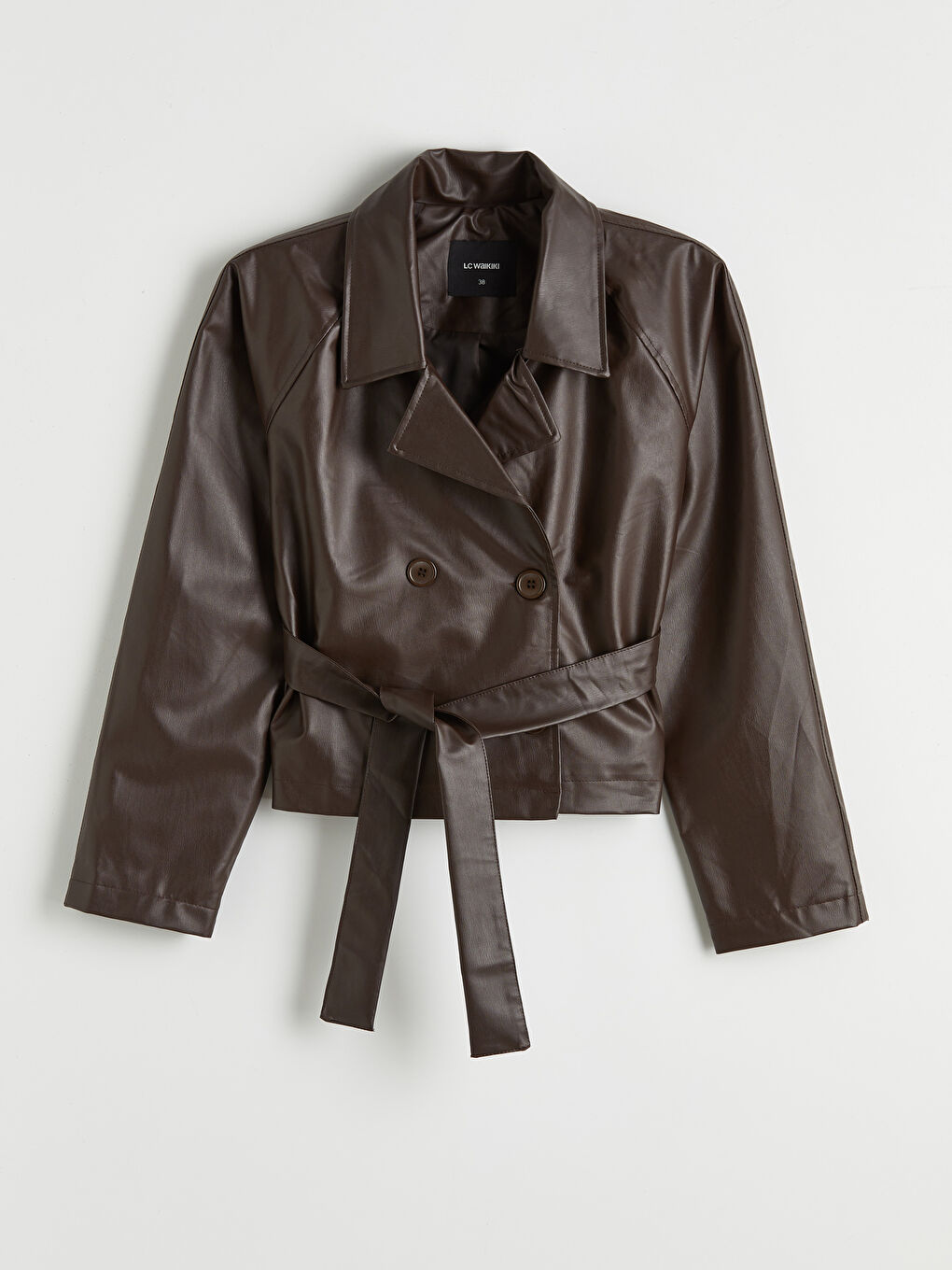 Kahverengi Gömlek Yaka Kadın Deri Görünümlü Ceket	