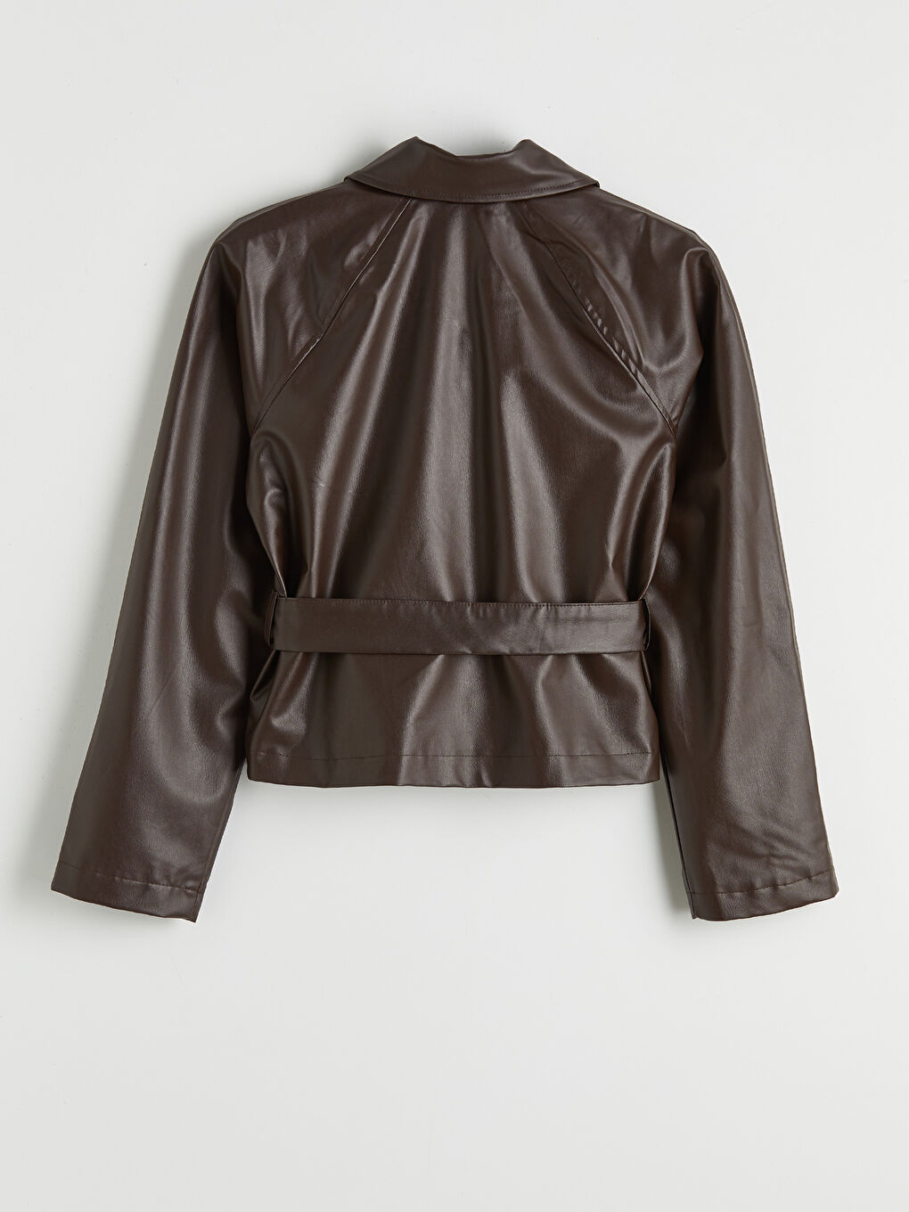 Kahverengi Gömlek Yaka Kadın Deri Görünümlü Ceket	-1