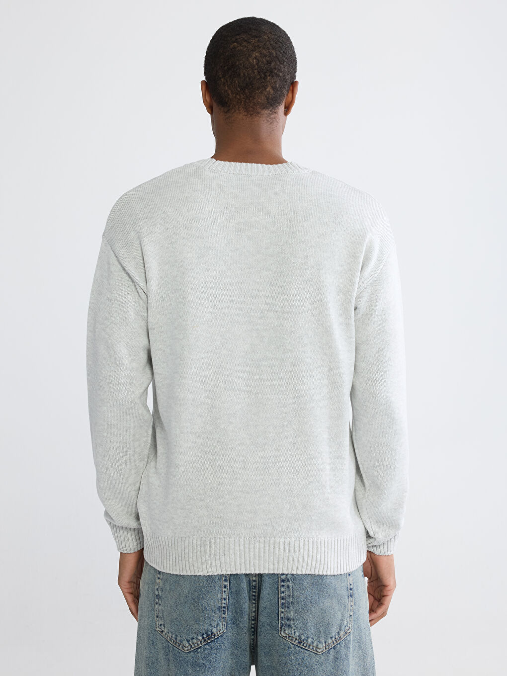 Gri Bisiklet Yaka Nakışlı Erkek Triko Kazak-3