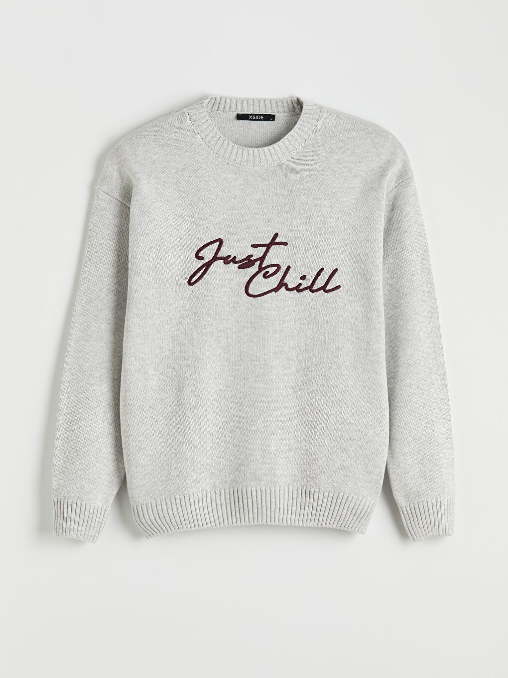 Gri Bisiklet Yaka Nakışlı Erkek Triko Kazak-4