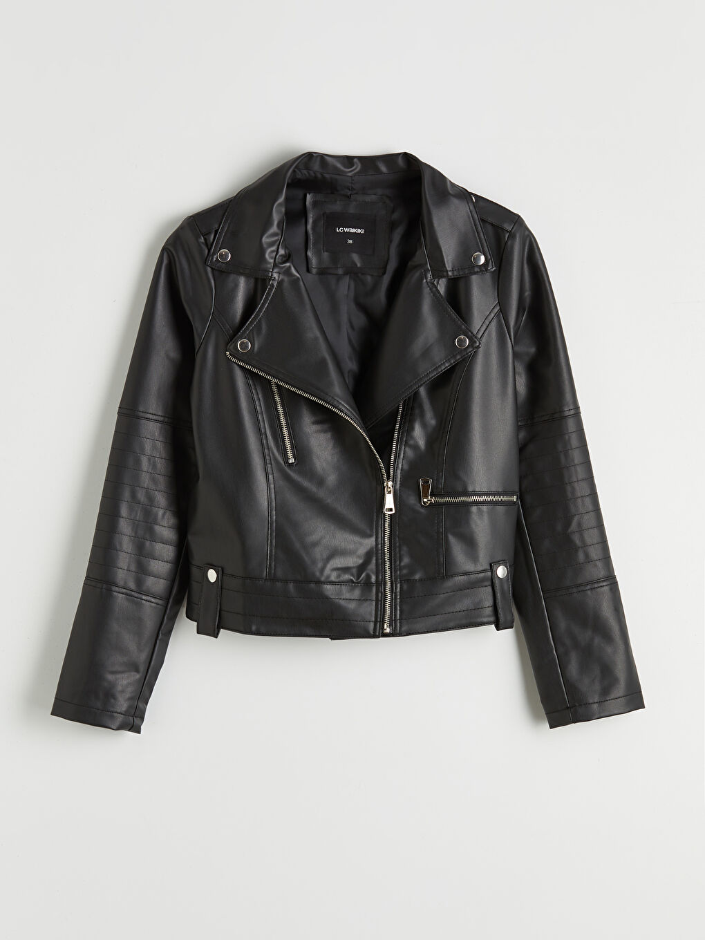 Siyah Kruvaze Yaka Kadın Deri Görünümlü Ceket-5