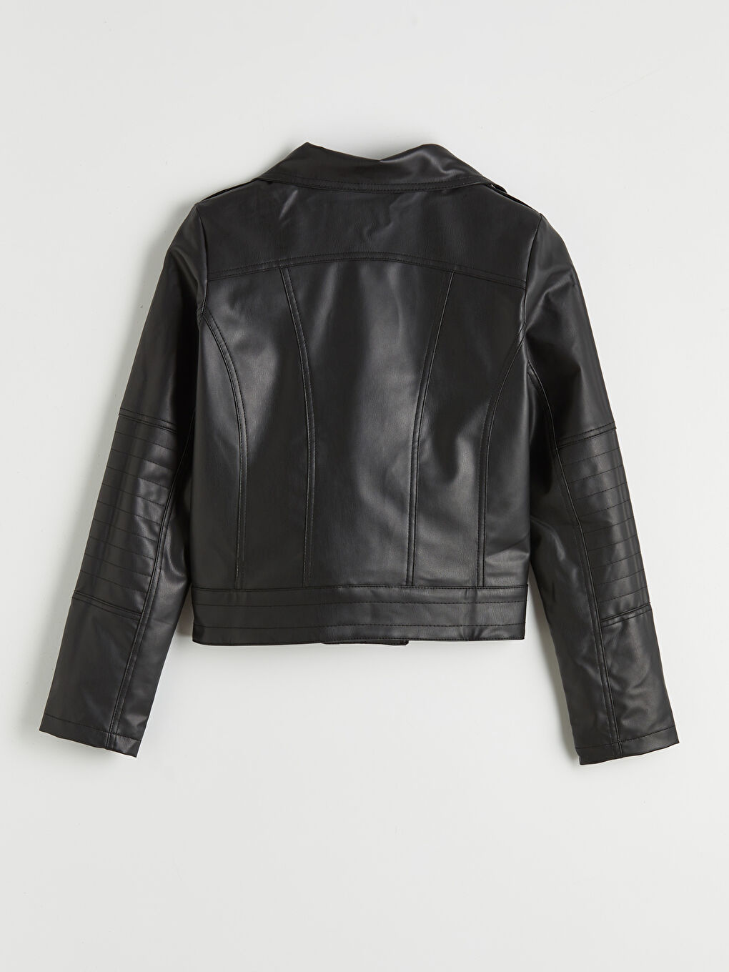 Siyah Kruvaze Yaka Kadın Deri Görünümlü Ceket-6