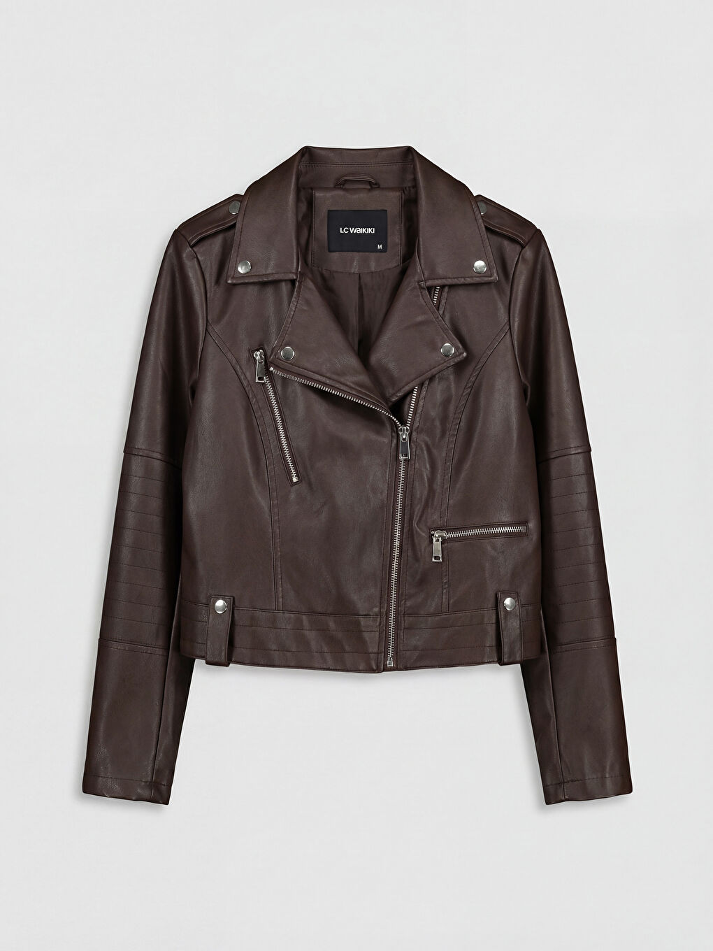 Kahverengi Kruvaze Yaka Kadın Deri Görünümlü Ceket-5