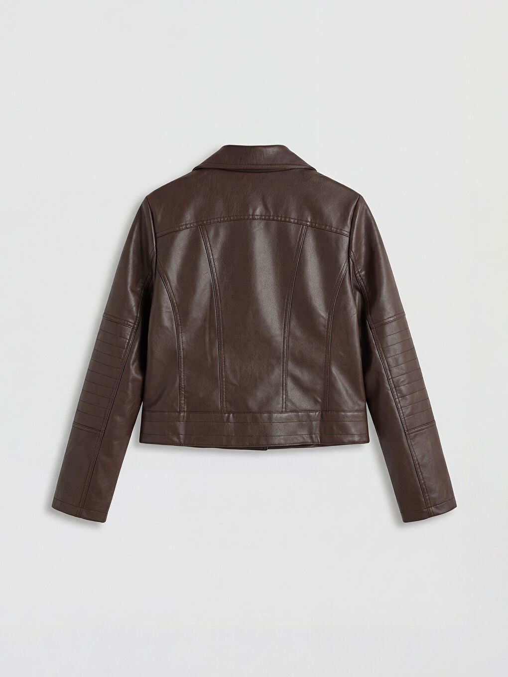 Kahverengi Kruvaze Yaka Kadın Deri Görünümlü Ceket-6