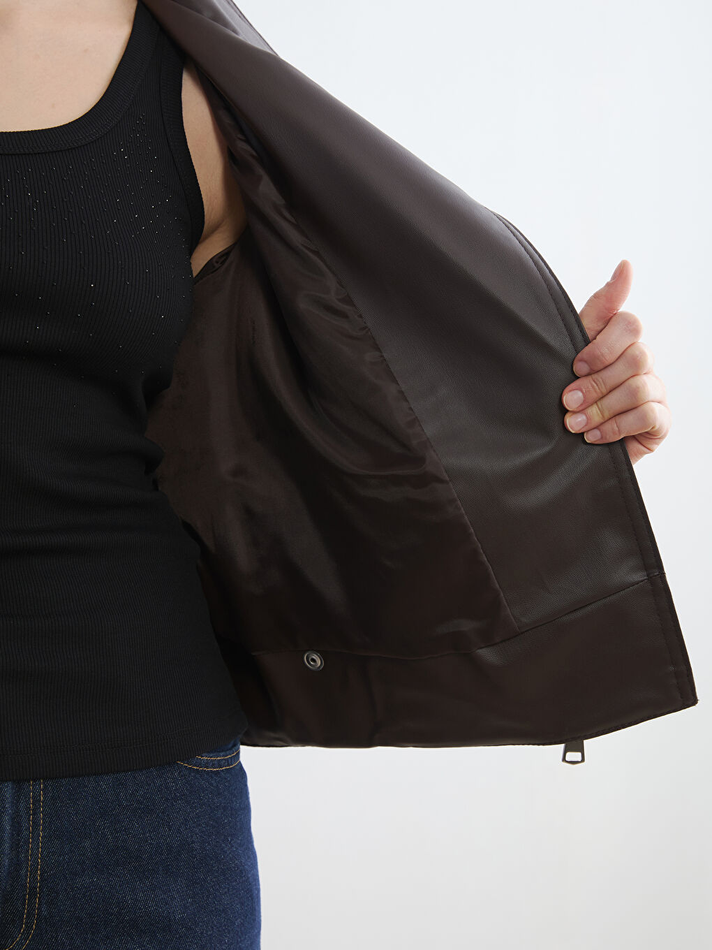 Kahverengi Kruvaze Yaka Kadın Deri Görünümlü Ceket-3