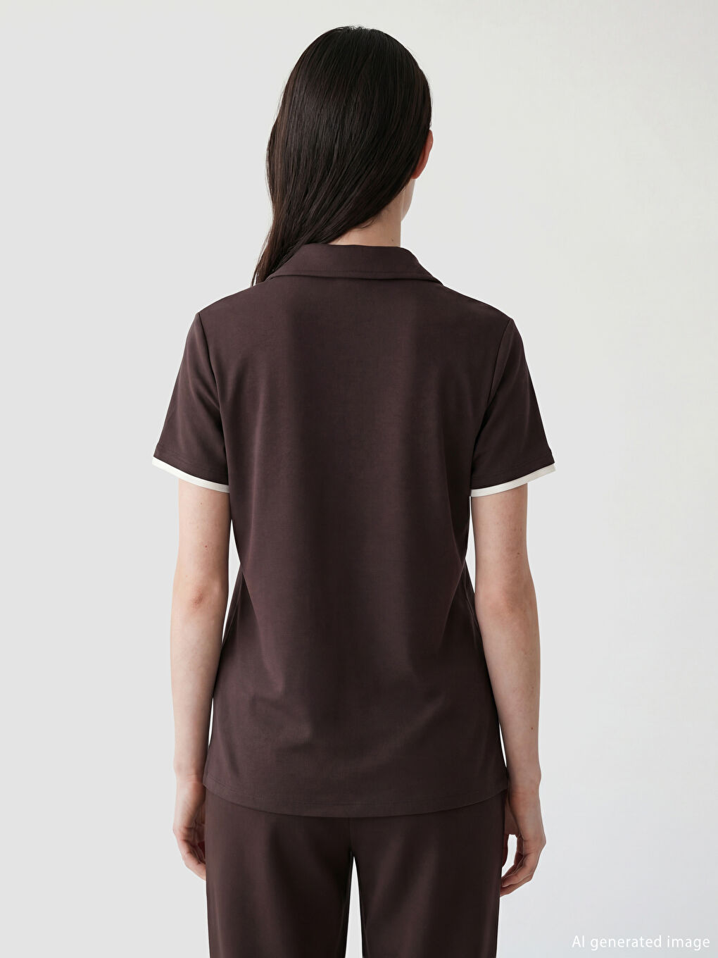 Kahverengi Polo Yaka Kadın Tişört-3