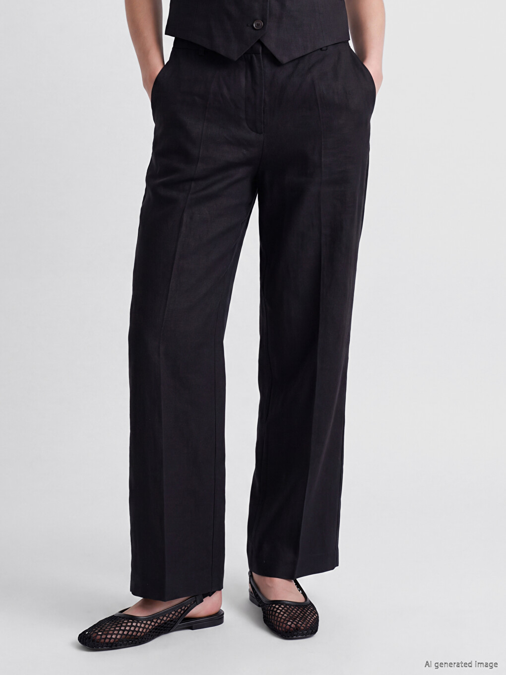 Linen Blend Pleated Women's Trousers-1