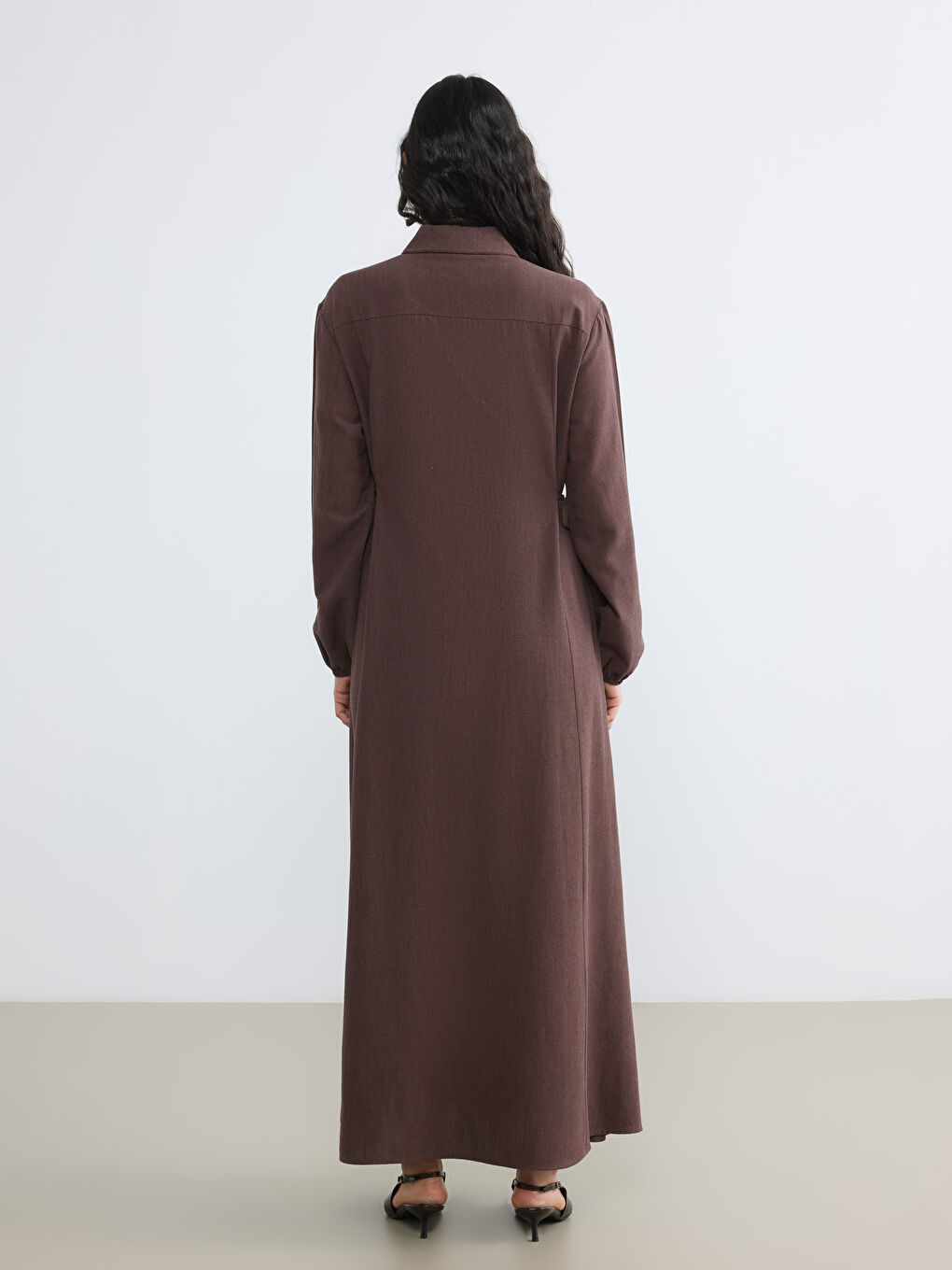 Kahverengi Gömlek Yaka A Kesim Keten Karışımlı Elbise-3