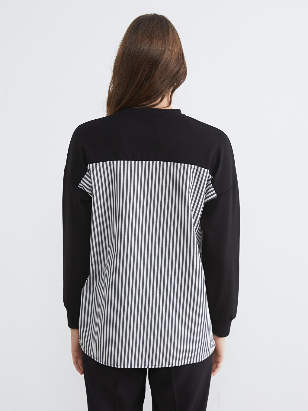 Siyah Çizgili Soft Touch Oversize Kadın Sweatshirt-4