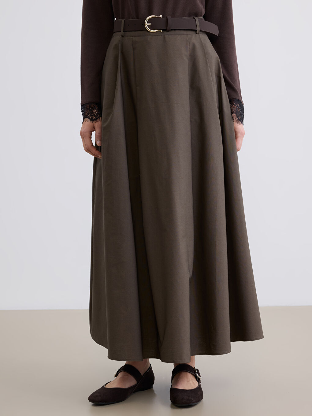 Jupe trapèze en popeline à taille haute avec ceinture et fermeture éclair-1