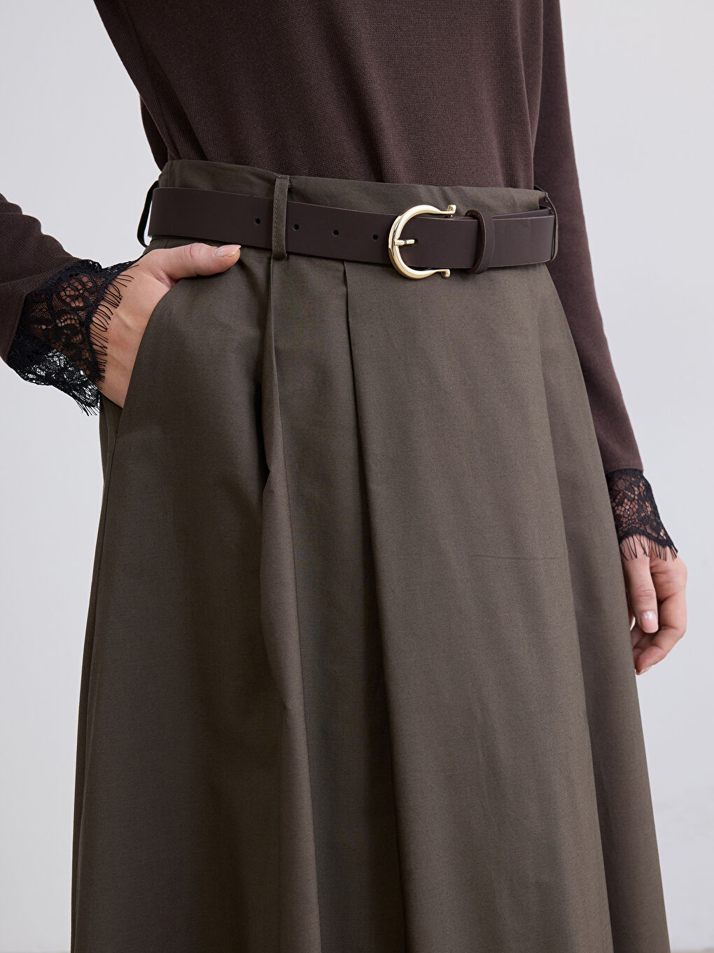 Jupe trapèze en popeline à taille haute avec ceinture et fermeture éclair-2