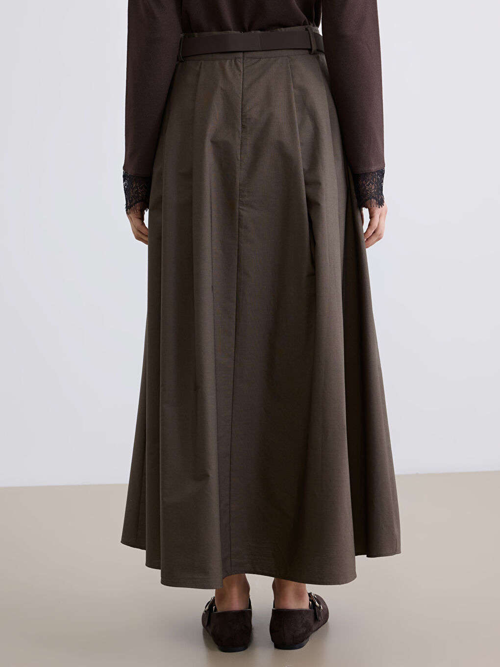 Jupe trapèze en popeline à taille haute avec ceinture et fermeture éclair-3