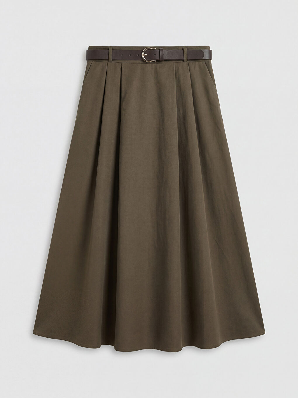Haki Beli Fermuarlı Kemerli A Kesim Poplin Etek
