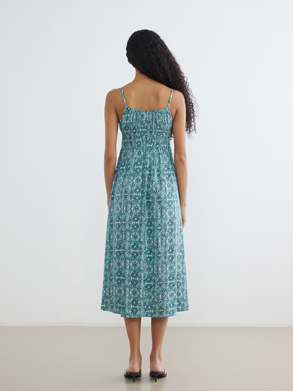 U Neck Patterned Strappy Ruched Dress-3