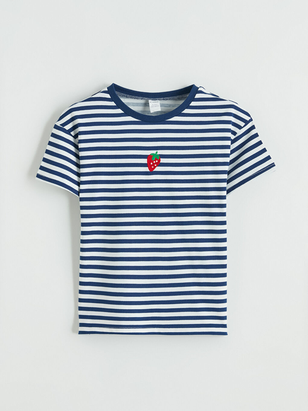 Lacivert Bisiklet Yaka Nakışlı Kız Çocuk Tişört