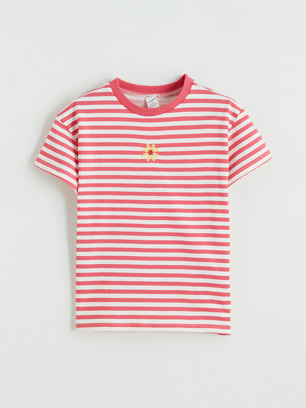 Pembe Bisiklet Yaka Nakışlı Kız Çocuk Tişört