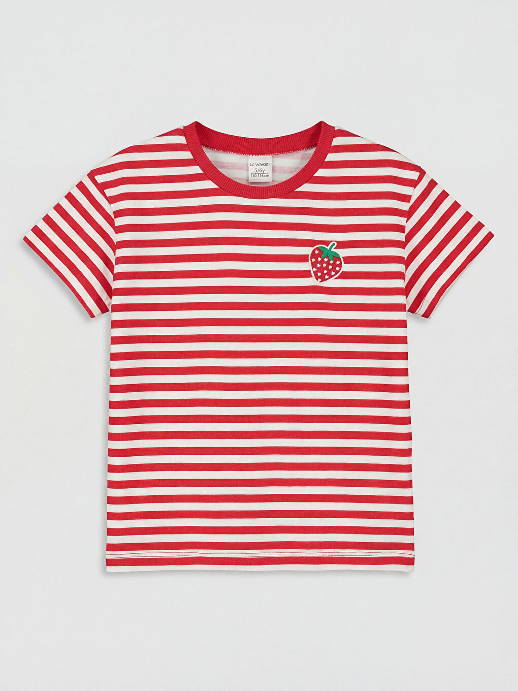 Kırmızı Bisiklet Yaka Çilek Nakışlı Kız Çocuk Tişört