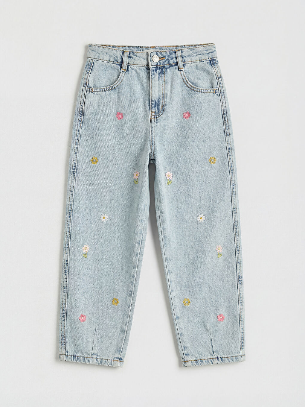 Mavi Balloon Fit Nakışlı Kız Çocuk Jean Pantolon