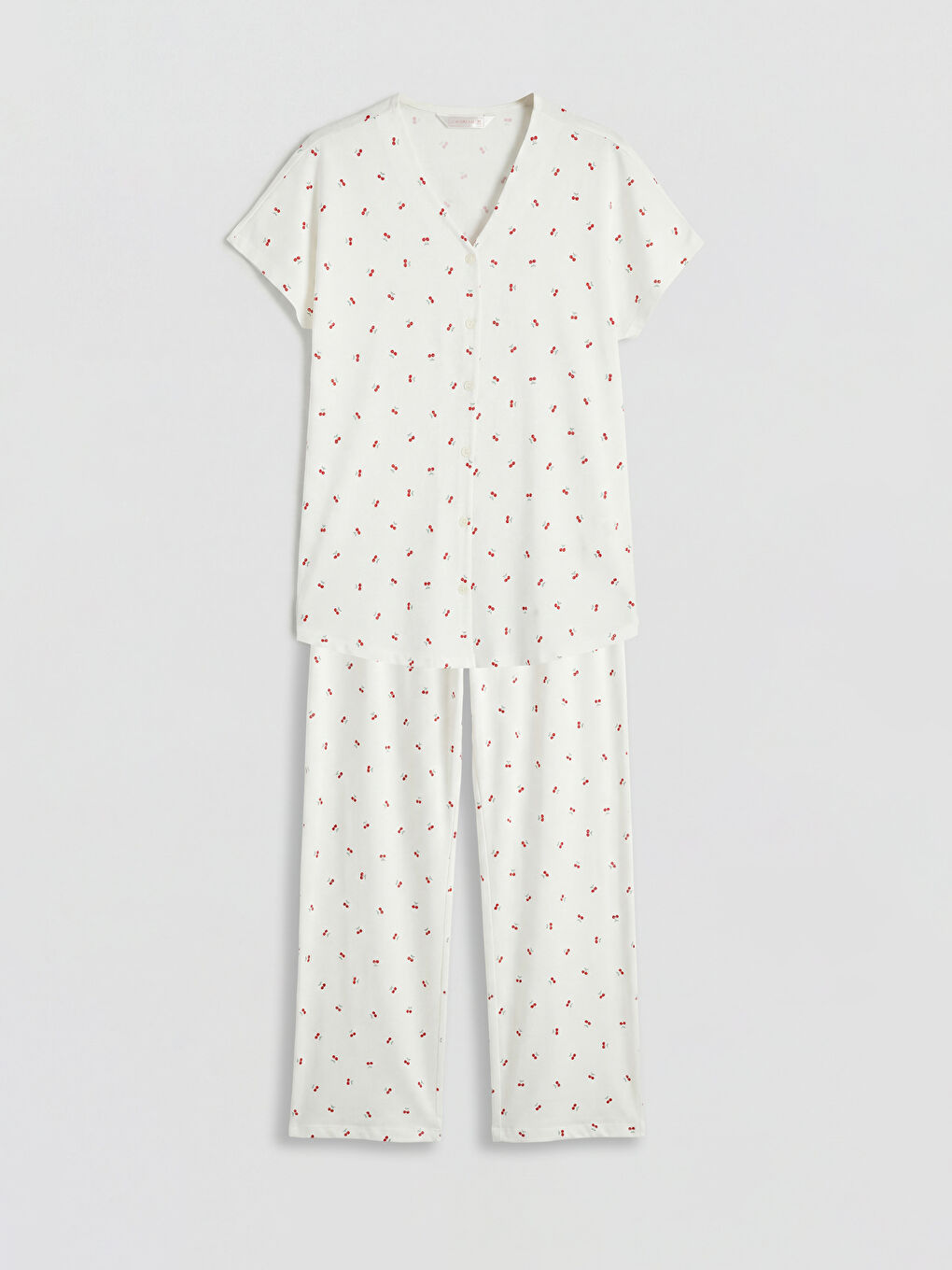 Ekru V Yaka Kiraz Baskılı Hamile Pijama Takımı	