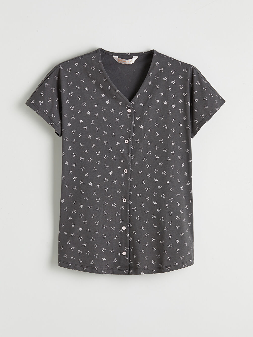 Gri V Yaka Fiyonk Baskılı Hamile Pijama Takımı-1