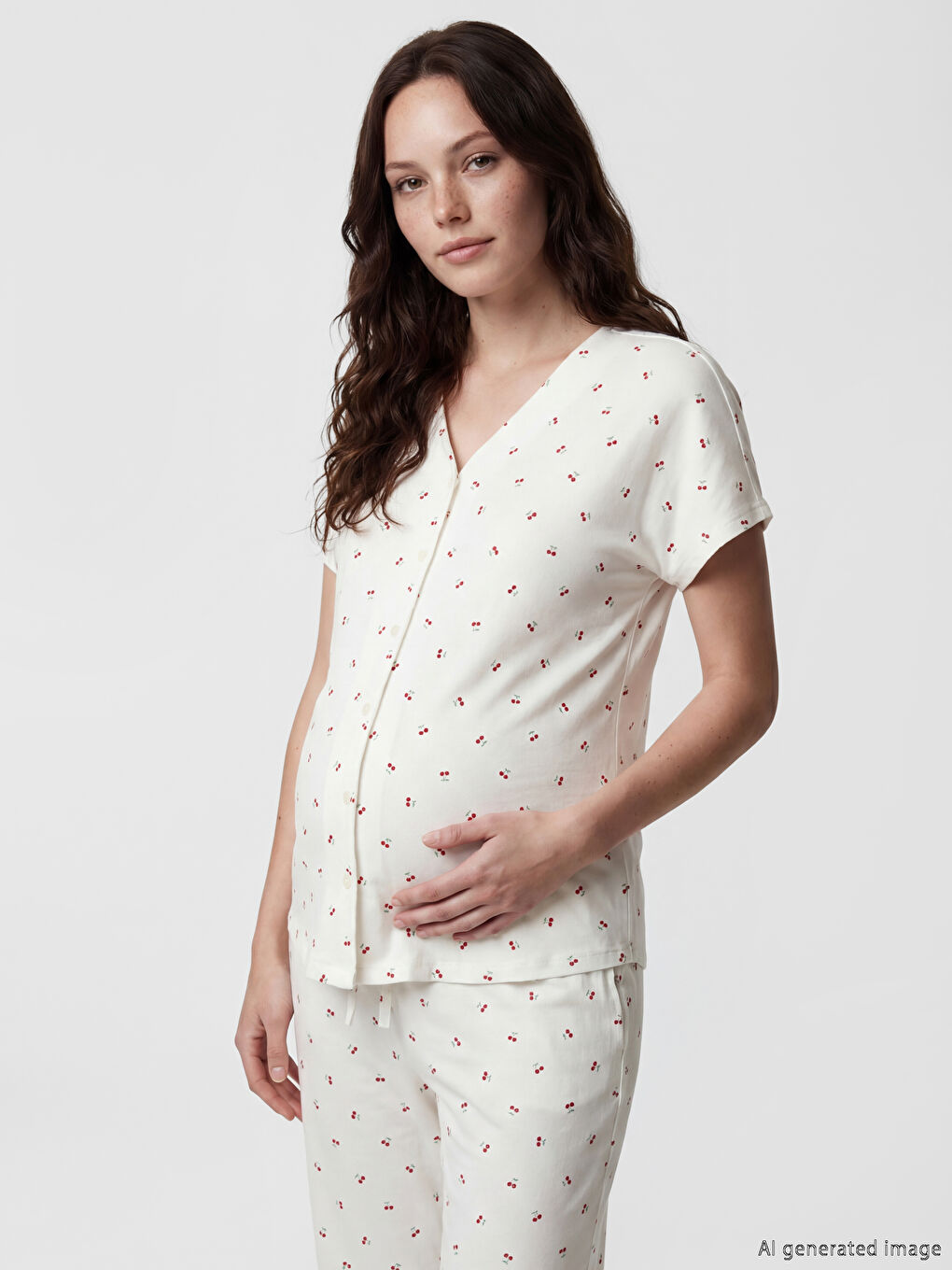 Ekru V Yaka Kiraz Baskılı Hamile Pijama Takımı	-1