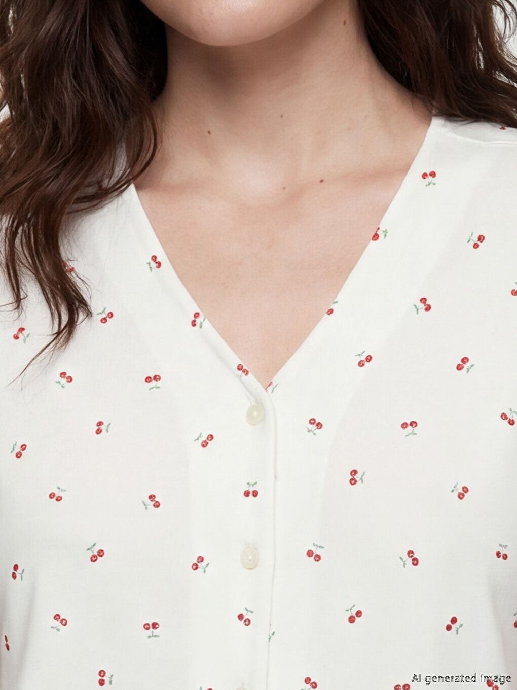 Ekru V Yaka Kiraz Baskılı Hamile Pijama Takımı	-2