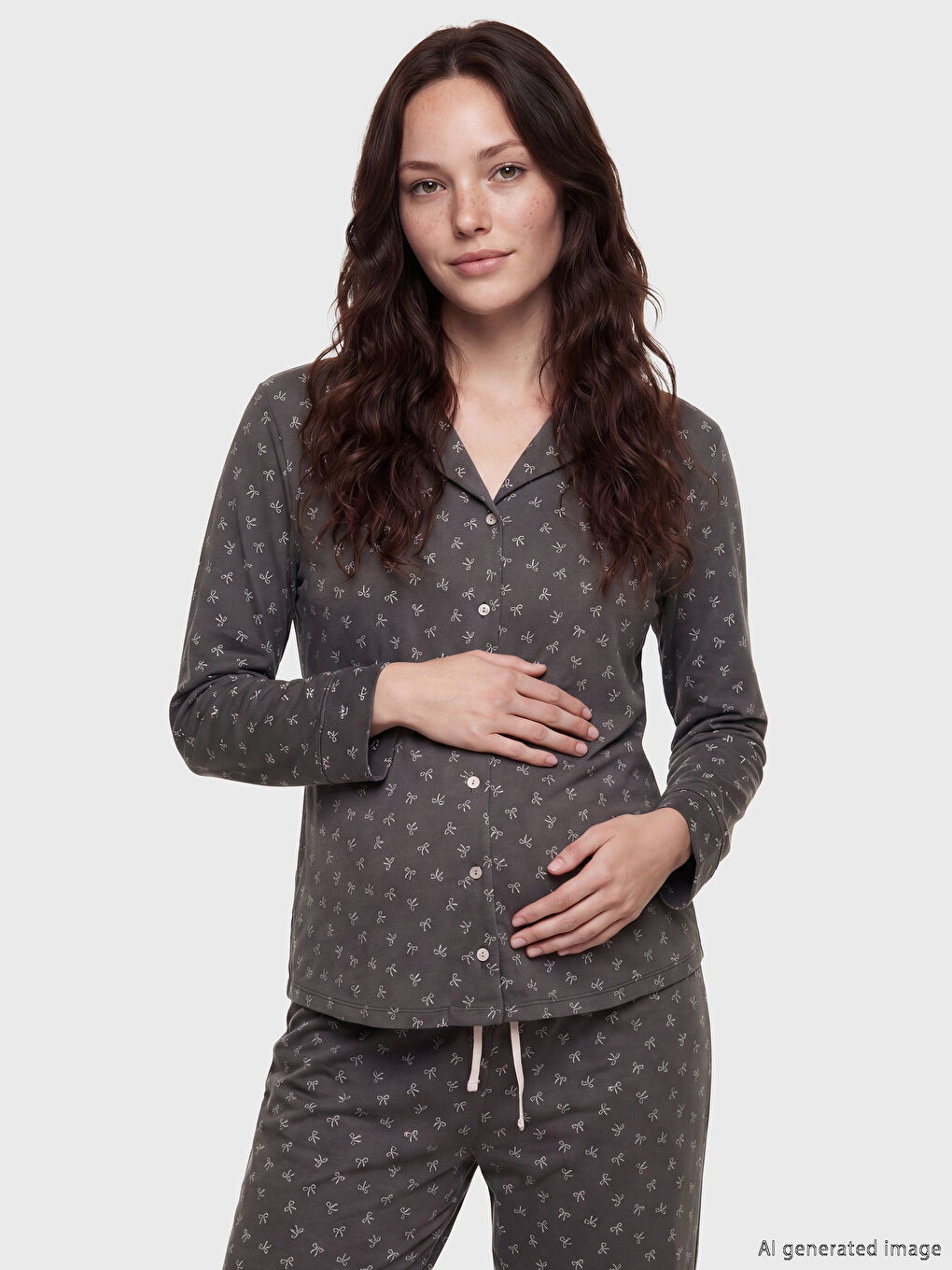 Trudnički pidžama komplet sa V izrezom i mašnom sa printom-1