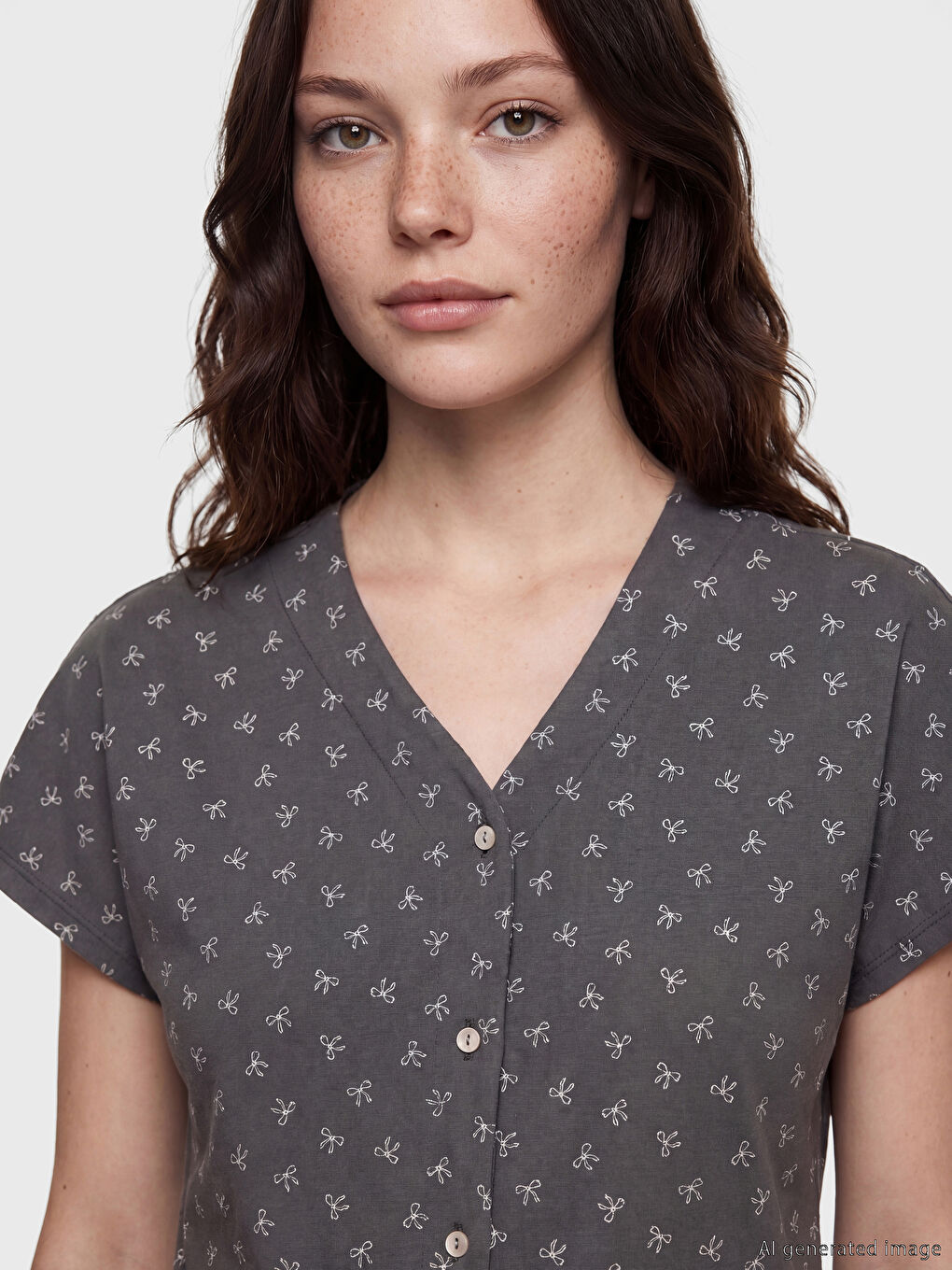 Trudnički pidžama komplet sa V izrezom i mašnom sa printom-2