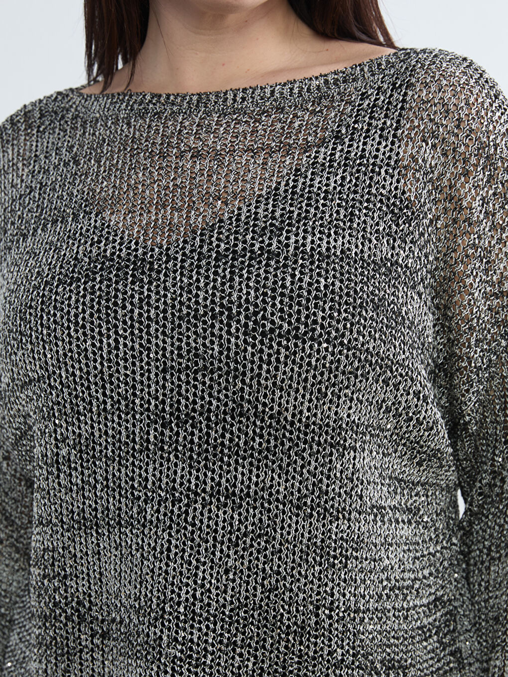 Gri Bisiklet Yaka Ajurlu Kadın Triko Kazak	-6