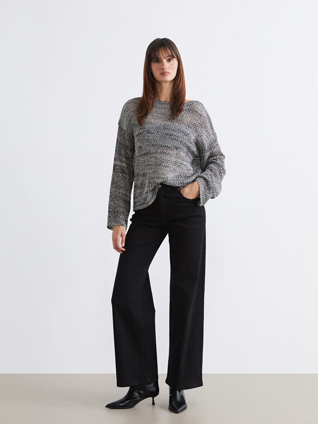 Gri Bisiklet Yaka Ajurlu Kadın Triko Kazak	-2