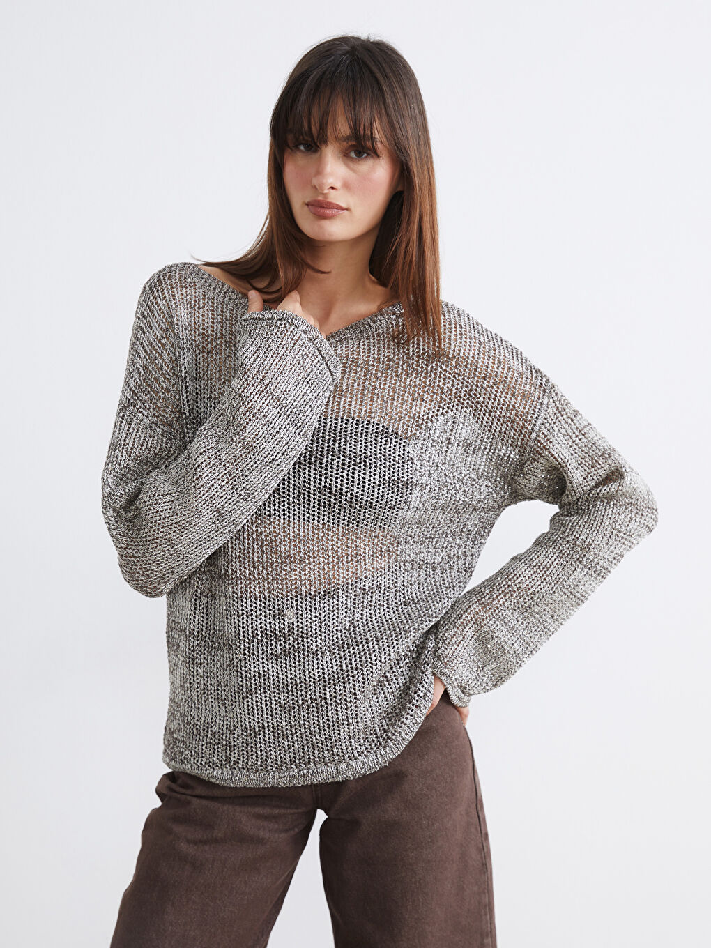 Sarı Bisiklet Yaka Ajurlu Kadın Triko Kazak	