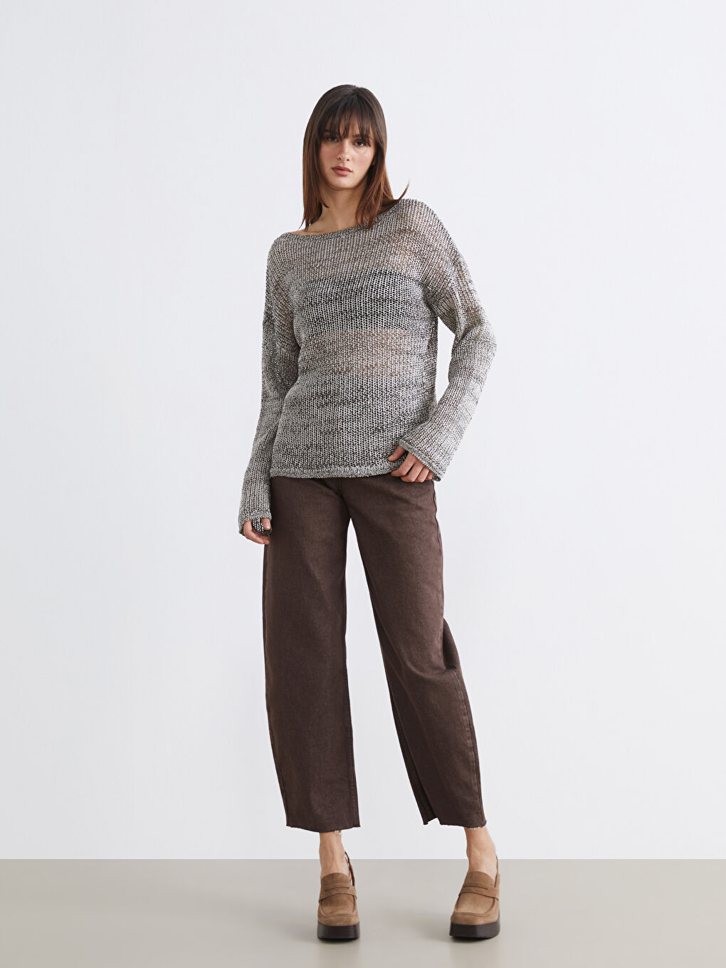 Sarı Bisiklet Yaka Ajurlu Kadın Triko Kazak	-2