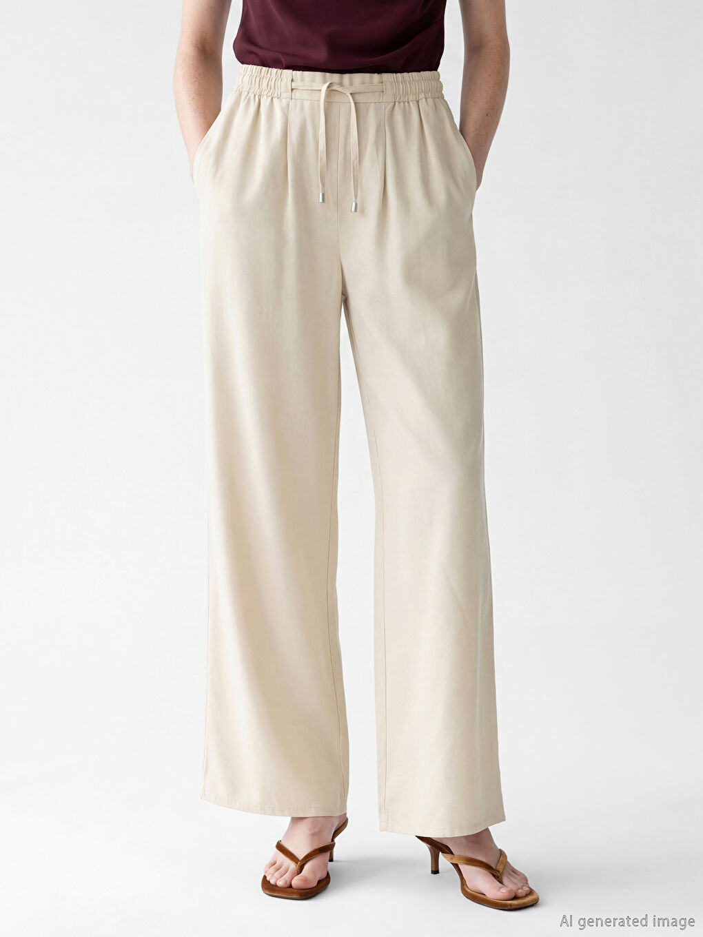 Bej Beli Lastikli Wideleg Kadın Jean Pantolon	-1