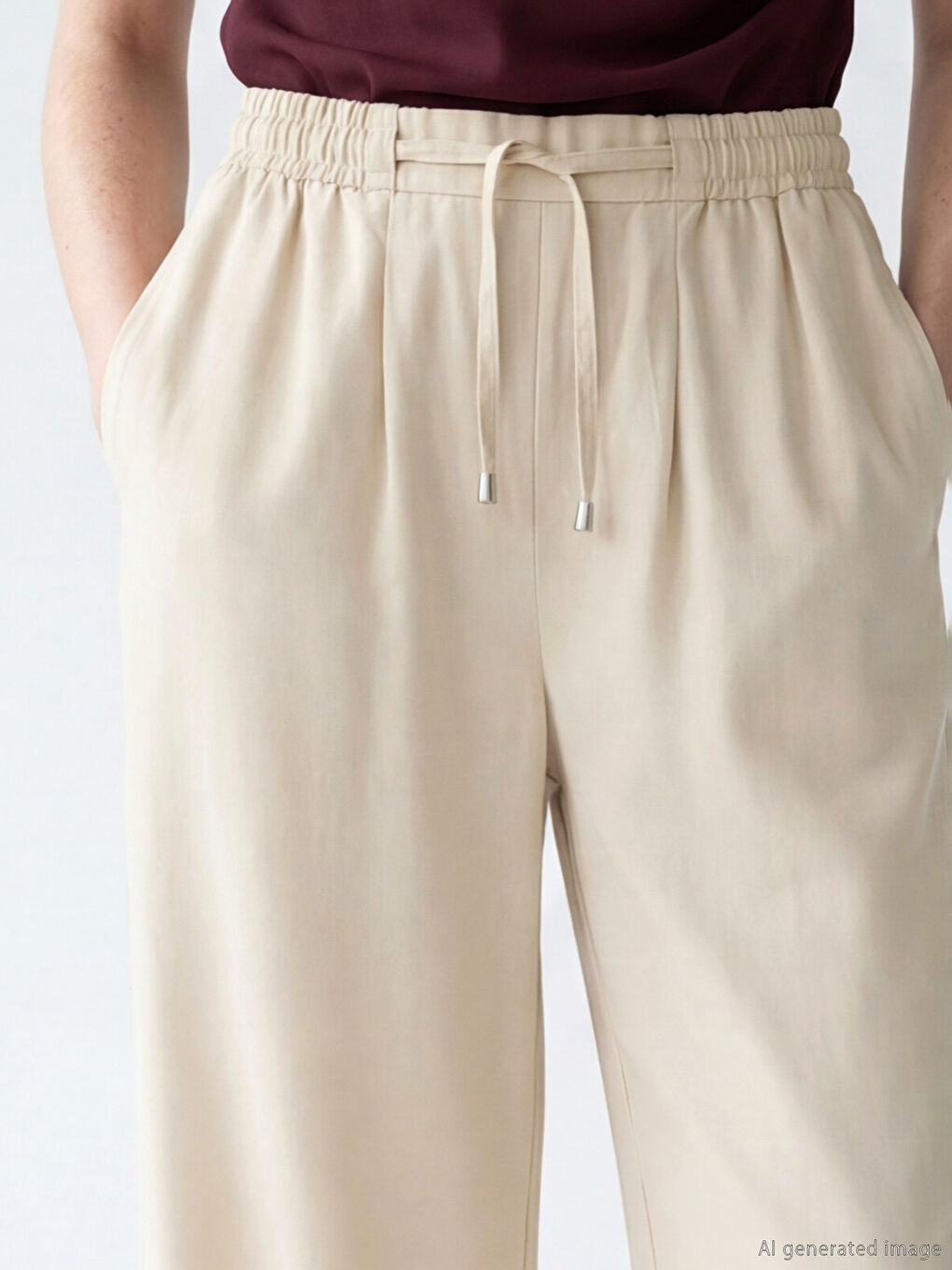 Bej Beli Lastikli Wideleg Kadın Jean Pantolon	-2