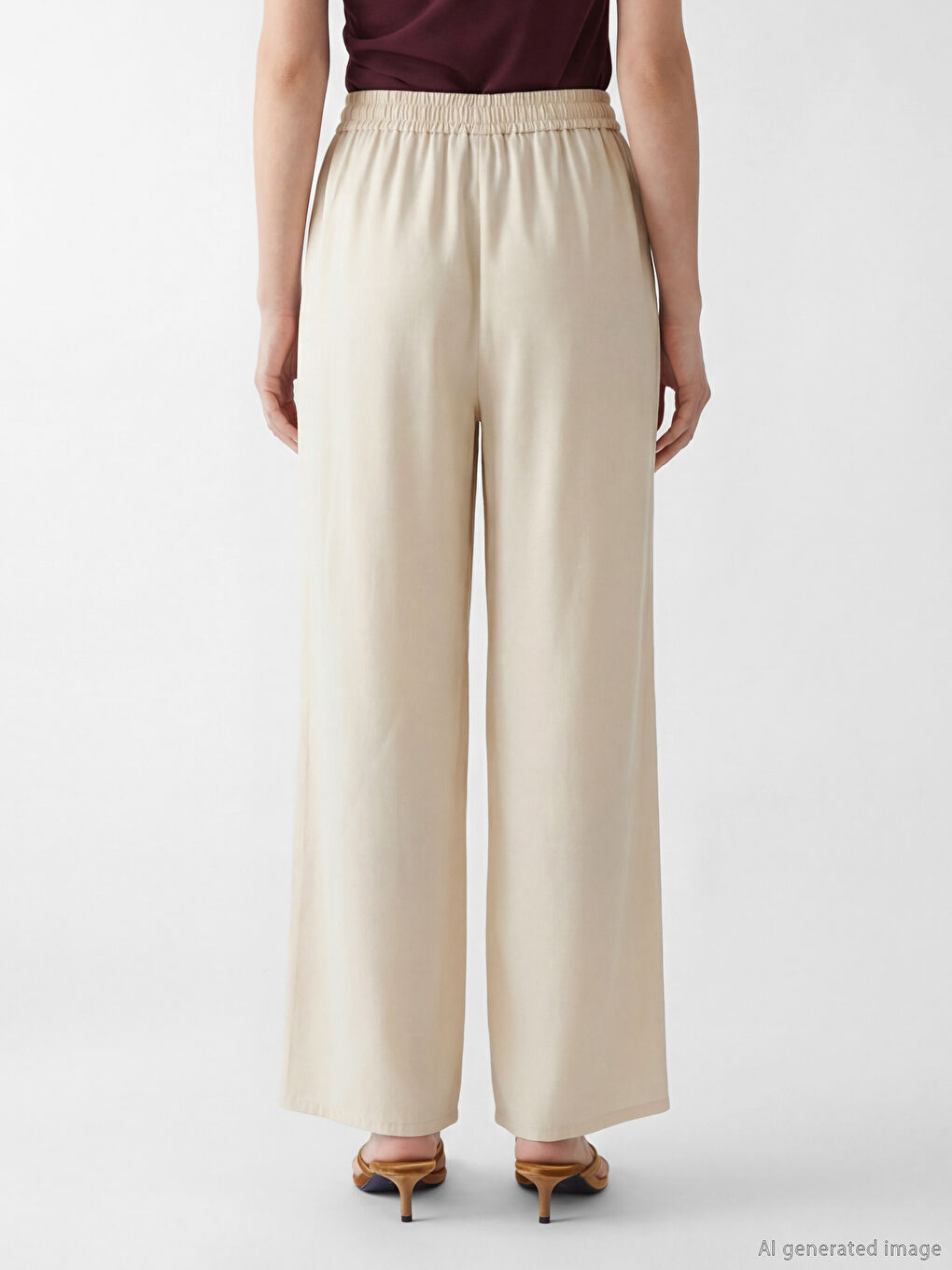 Bej Beli Lastikli Wideleg Kadın Jean Pantolon	-3