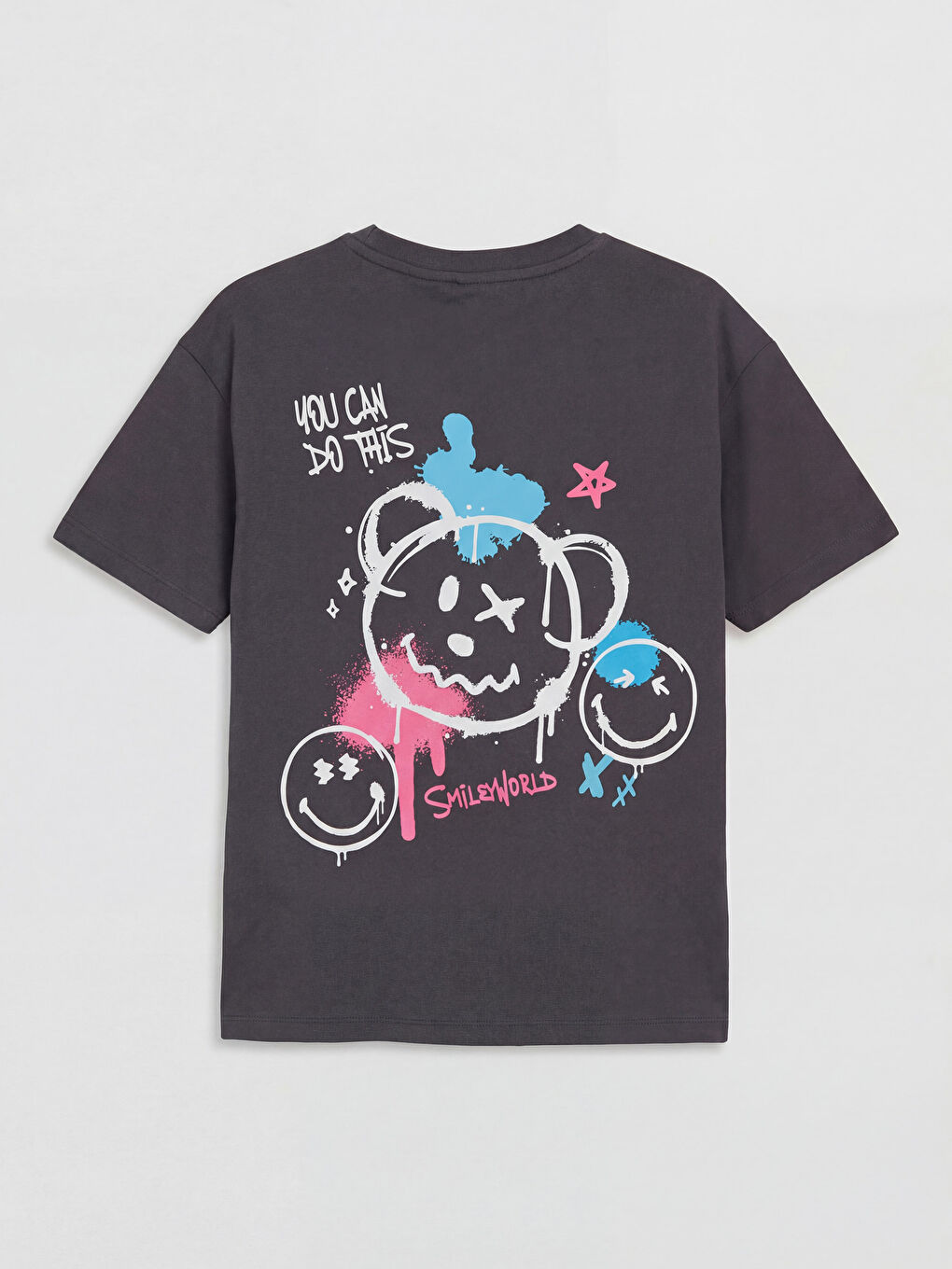 Gri Bisiklet Yaka Smileyworld Baskılı Kız Çocuk Tişört-2