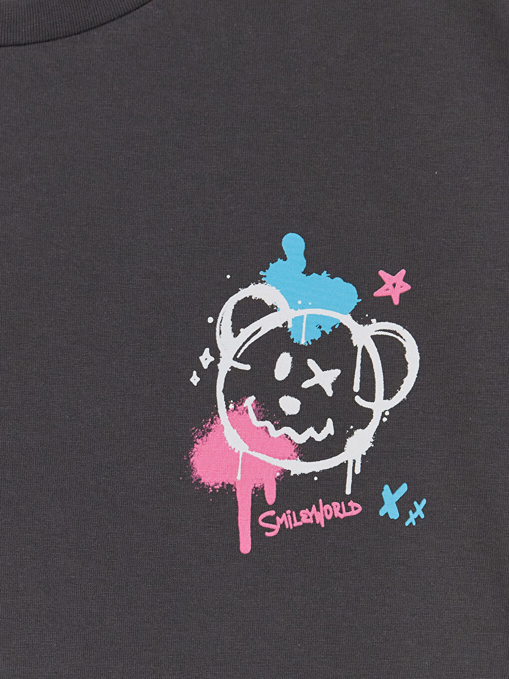 Gri Bisiklet Yaka Smileyworld Baskılı Kız Çocuk Tişört-3