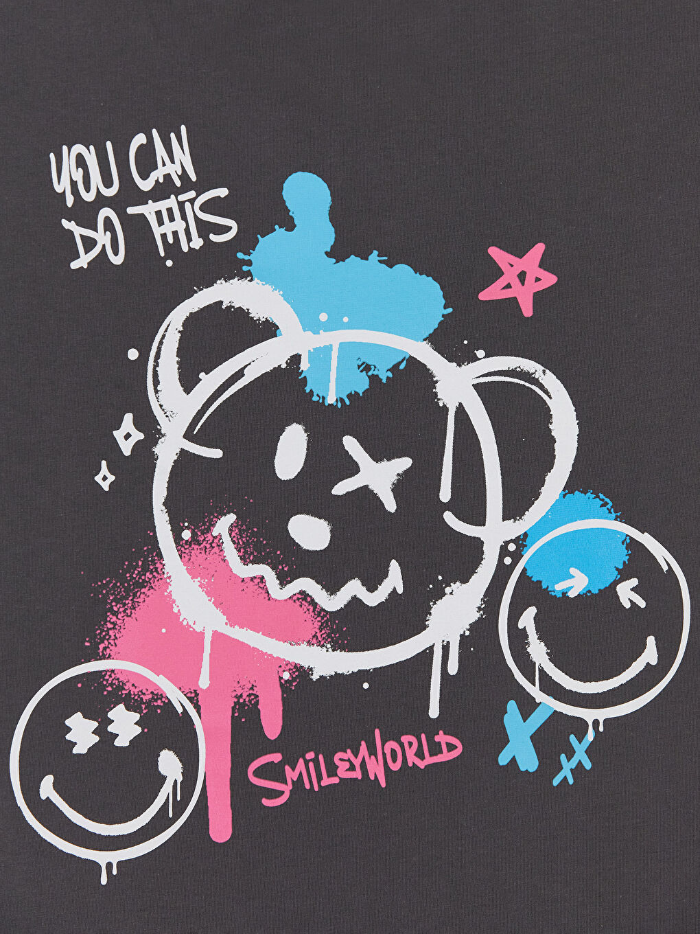 Gri Bisiklet Yaka Smileyworld Baskılı Kız Çocuk Tişört-4