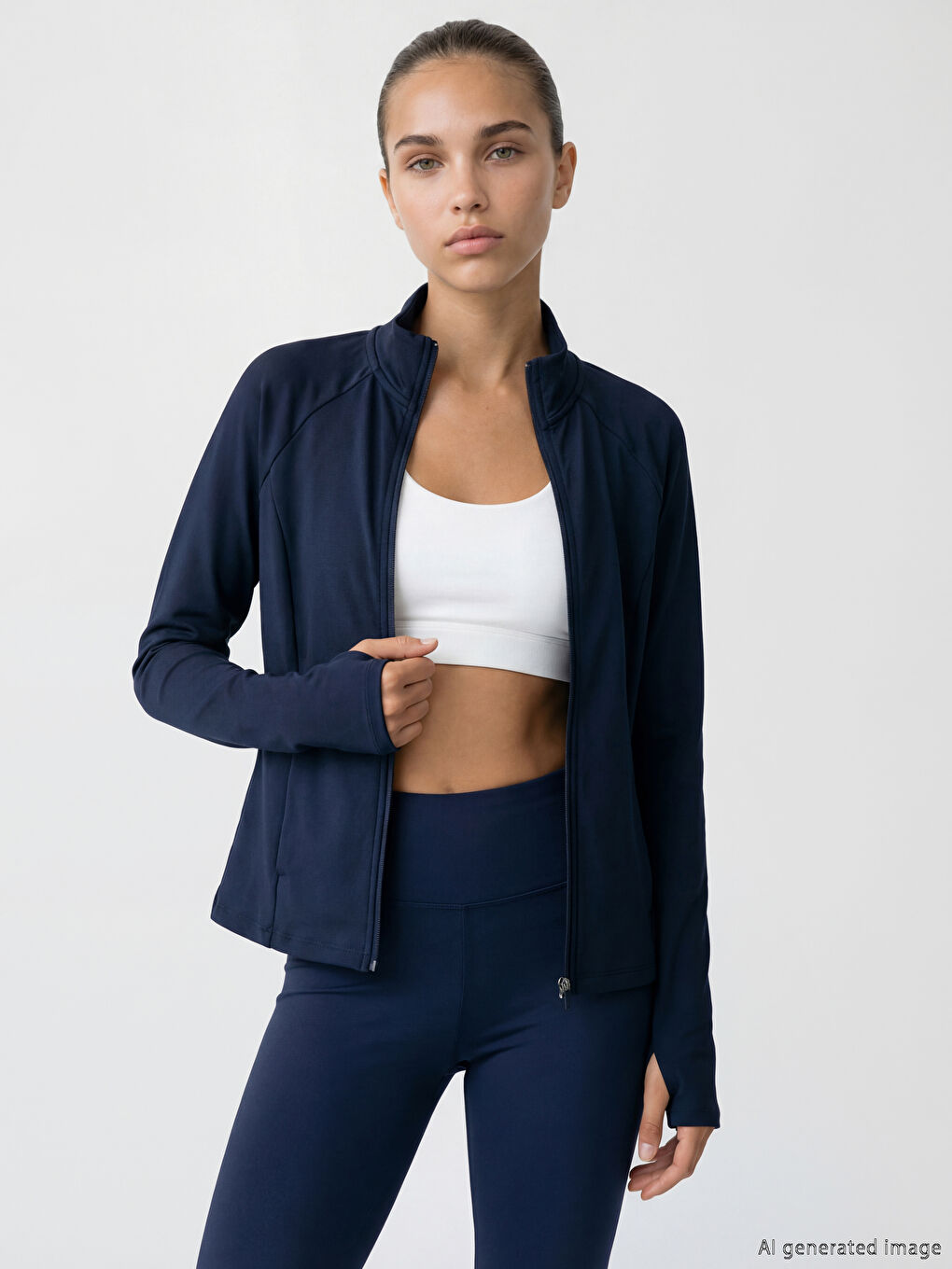 Lacivert Dik Yaka Parmak Geçmeli Kadın Fermuarlı Sweatshirt