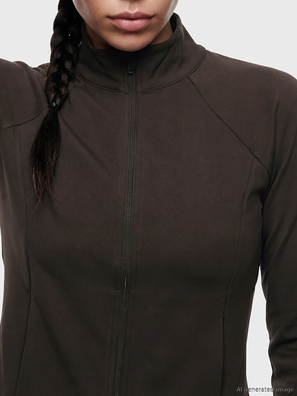 Kahverengi Dik Yaka Parmak Geçmeli Kadın Fermuarlı Sweatshirt-3