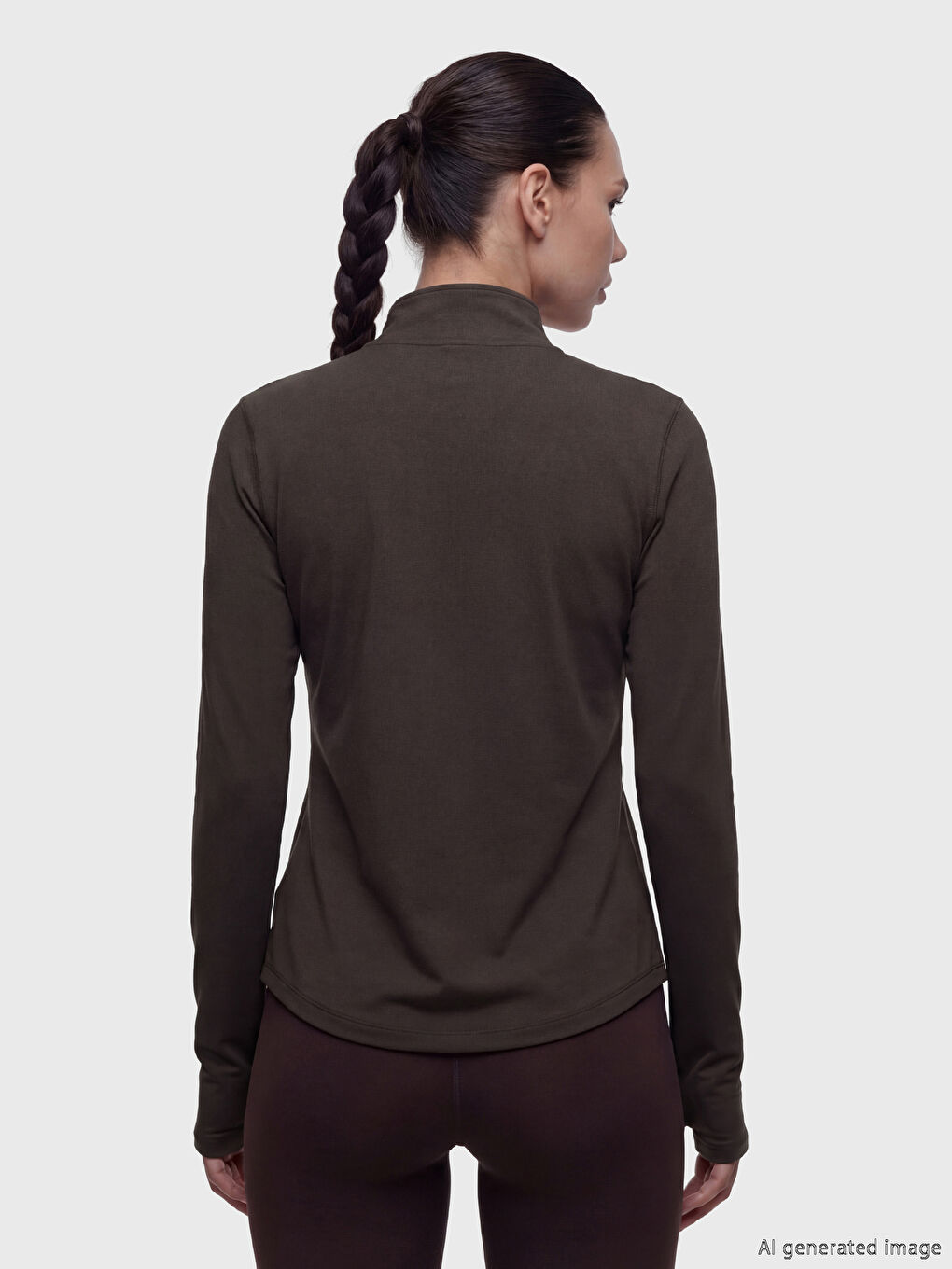Kahverengi Dik Yaka Parmak Geçmeli Kadın Fermuarlı Sweatshirt-4