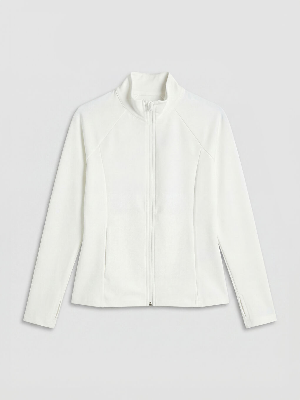 Beyaz Dik Yaka Parmak Geçmeli Kadın Fermuarlı Sweatshirt