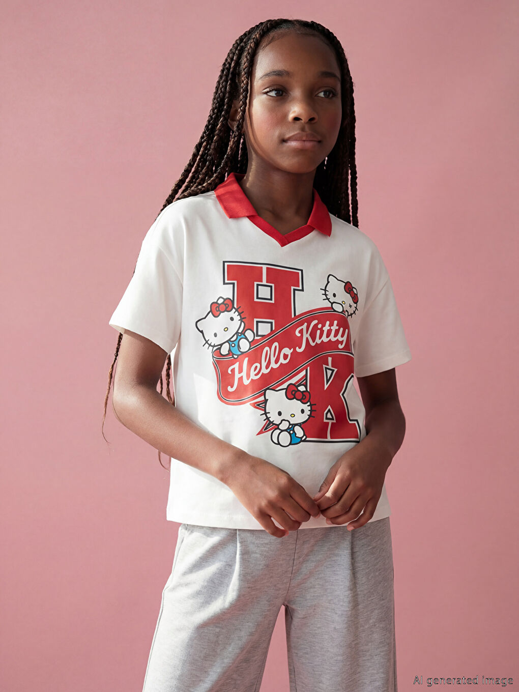 Beyaz Polo Yaka Hello Kitty Lisanslı Kız Çocuk Tişört-1
