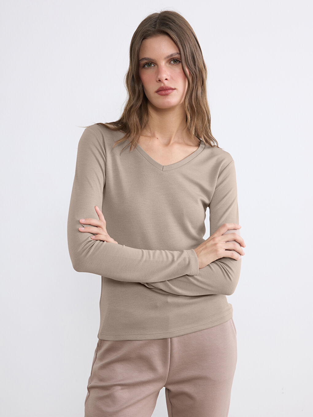 Kahverengi V Yaka Kadın Body